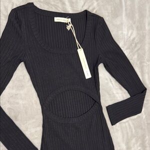 Ribbed Long Sleeve Mini Dress with Cutout - Black